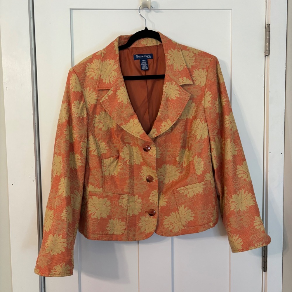 Evan-Picone Woman Orange Yellow Floral Blazer Jacket 18W Cotton Blend 3-Button
